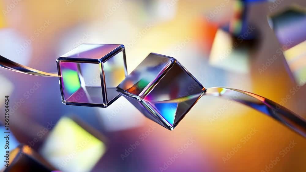 Poster viewing a complex arrangement of reflective cubes on a twisted wire with colorful background hues in