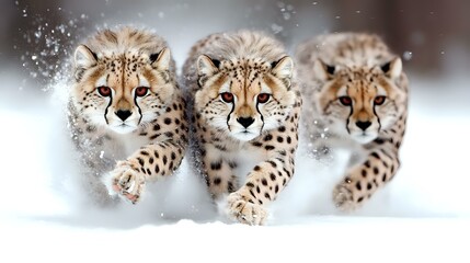 Fototapeta premium Three majestic cheetahs running through snow, front view action shot showing spotted coat patterns and determined expressions against white winter background.