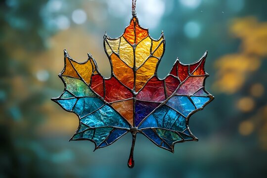 Stained glass maple leaf suncatcher in vibrant rainbow colors against blurred natural background, featuring geometric pattern design and metallic frame details.