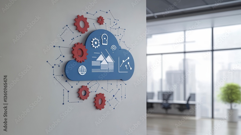Poster blue cloud icon with gears and data charts on a white wall in a modern office.