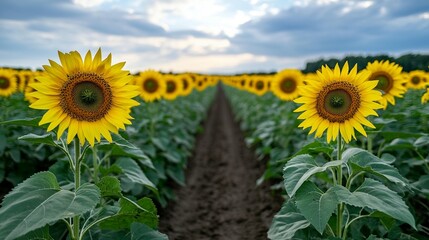 Rows of sunflowers in a field under a cloudy sky.