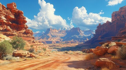Scenic desert landscape with red rock formations, a dirt road winding through the canyon, and a partly cloudy sky.