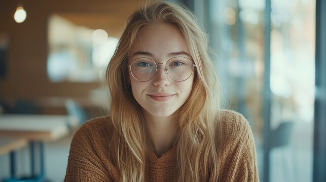 Smiling young caucasian female with glasses in cozy sweater at cafe
