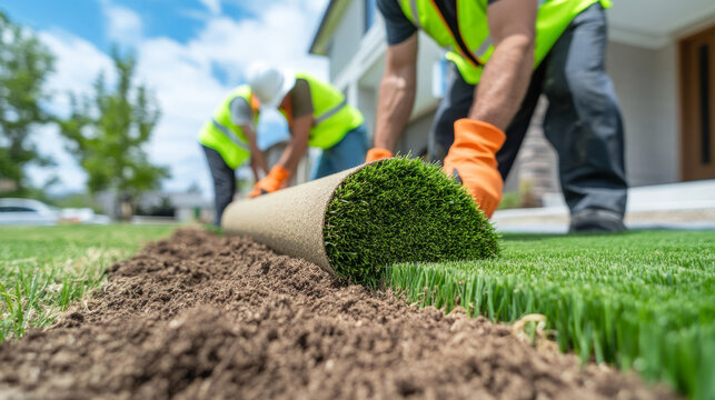 Professional landscapers installing fresh sod in garden for lawn renovation