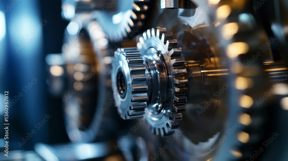 Poster close-up of intricate metal gears in motion, showcasing precision engineering and industrial machine