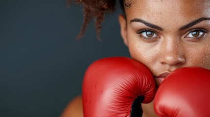 Determined woman with boxing gloves staring intensely at camera for fitness motivation