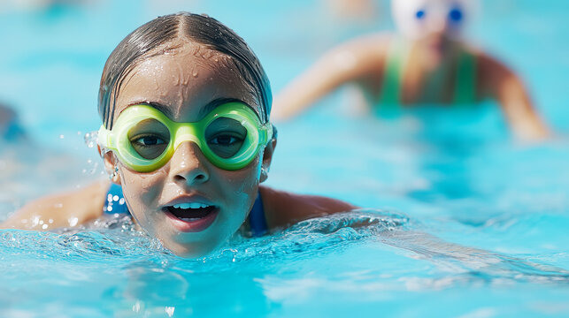 Young girl learning swimming skills with instructor in pool