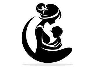 Illustration of motherhood silhouette. Mother's day silhouette greeting card. Woman with baby in her arms silhouette. Mom hugs her baby logo. Mom holding her newborn child. Silhouette mother and child