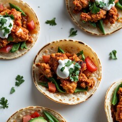 Mini chicken tacos on plain white background clean simple and minimalist focus top view