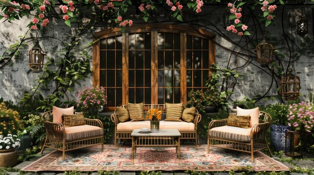 Outdoor Living Space with Wicker Furniture and Lush Greenery Perfect for Relaxation and Entert