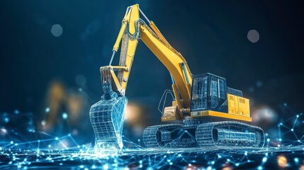 Yellow excavator with wireframe digital overlay on dark background.