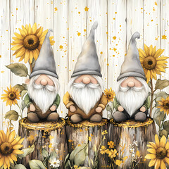 Garden Gnomes with Sunflowers: A delightful composition showcasing charming garden gnomes surrounded by vibrant sunflowers, bringing a touch of whimsy and cheer to the scene.