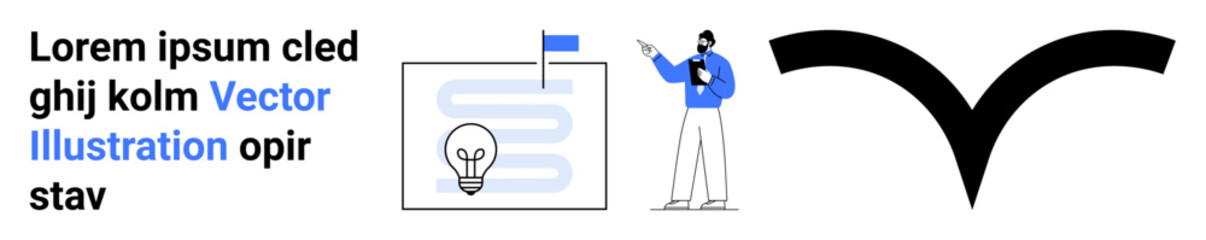 Lightbulb over document, man presenting with flag, and abstract shape highlight creativity, strategy, and innovation. Ideal for business, education, marketing, teamwork technology strategy simple