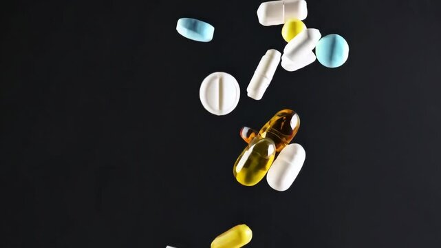 Colorful capsules and tablets falling against a dark background demonstrate the variety of dietary supplements in use