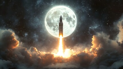 Rocket Launching Towards the Moon, A rocket launching into space with a full moon in the background, surrounded by clouds and a starry sky