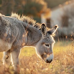 Fototapeta premium Highly detailed side profile of Andalusian Donkey Burro Andaluz grazing near old rustic Spanish farmhouse silvery gray coat glisten golden afternoon light expressive eye shaggy mane create charming