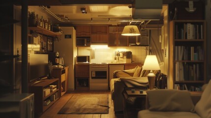 Warmly Lit Cozy Living and Kitchen Space with Modern Appliances and Comfortable Furniture