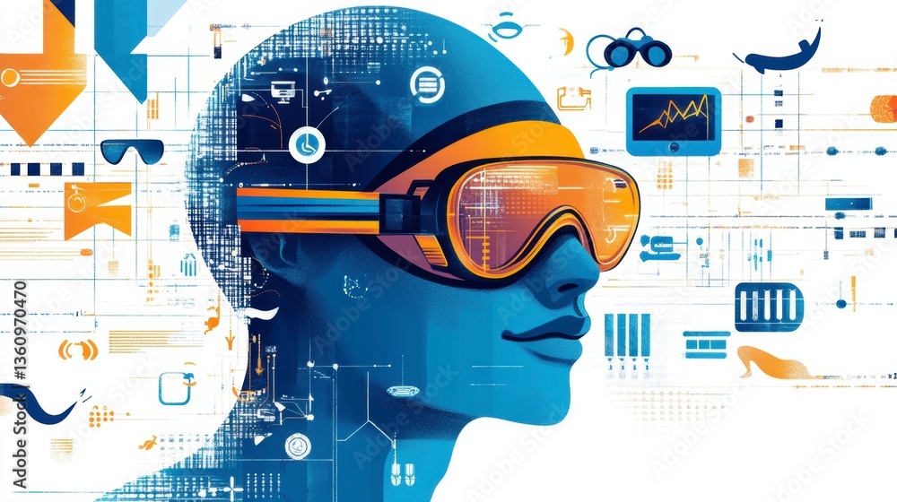 Poster futuristic head wearing virtual reality glasses, surrounded by digital icons and data streams.