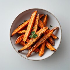 Sweet potato fries on plain white background clean simple and minimalist focus top view