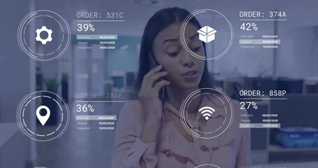 Phone call, businesswoman analyzing digital order processing animation in office