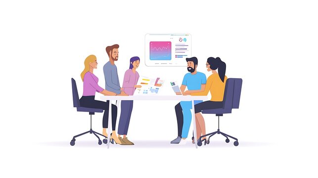 A multicultural team collaborating on a marketing plan in a sleek office, with holographic data visualizations, solid white background, 32k, full ultra HD, high resolution