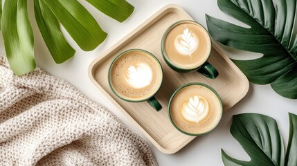 Three green mugs of latte art coffee on a wooden tray with a knit blanket and tropical leaves.