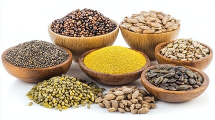 Obraz premium Assorted Healthy Seeds in Wooden Bowls for Natural Nutrition