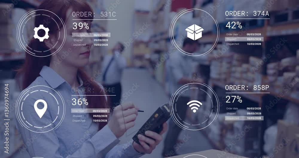 Aufkleber warehouse worker using digital device with order processing data overlay animation