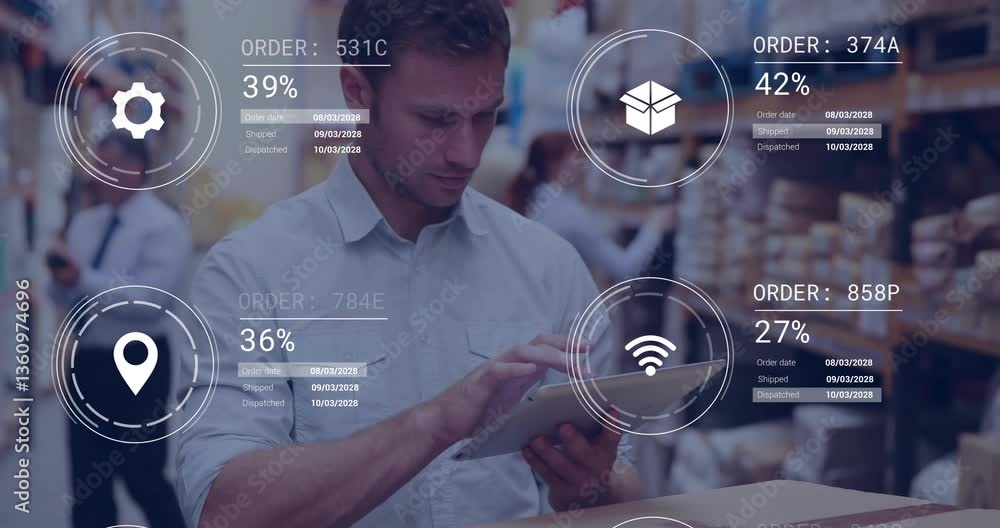 Aufkleber using tablet, warehouse worker viewing animation of digital order tracking data