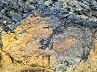 Yellow and gray rhyolite rock formation showing geological detail in Iceland