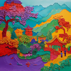 Colorful Oriental Landscape: A vibrant and detailed artistic depiction of an oriental landscape, featuring temples, bridges, and lush vegetation, celebrating cultural aesthetics and intricate design.