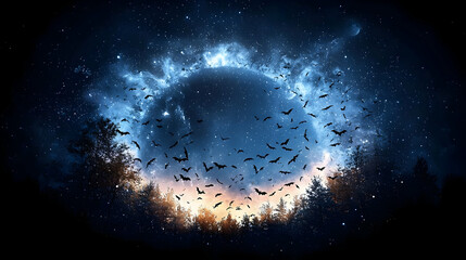 Bats Flying in Night Sky Above Dark Forest