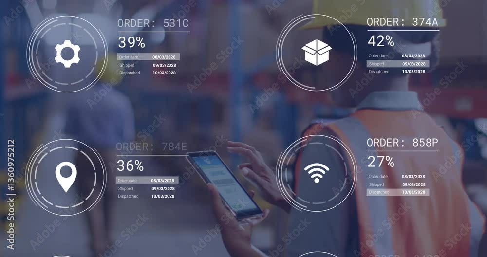 Poster using tablet with animation, warehouse worker tracking digital orders efficiently