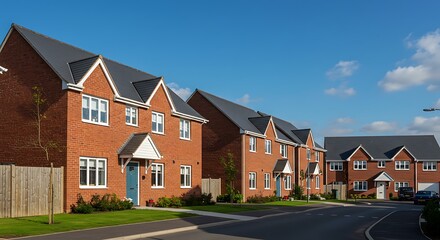 A new British estate featuring classic red-brick houses under a bright blue sky. A perfect blend of tradition and modern real estate development in the UK.