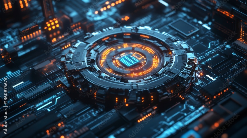 Poster Futuristic digital circuit board with glowing central processor.