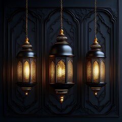 Obraz premium Illuminated Ramadan lanterns, ornate backdrop, festive greeting