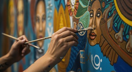 Fototapeta premium Close-Up of an Artist Painting a Mural