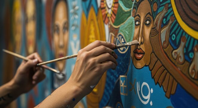 Close-Up of an Artist Painting a Mural