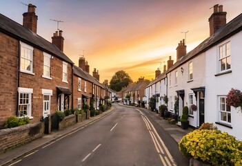 A charming English town street at sunset, lined with traditional brick houses and a warm evening glow. A perfect blend of history and community life.
