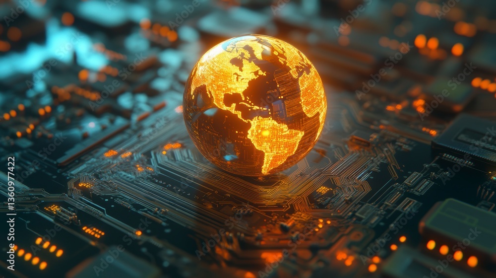 Poster illuminated globe on a circuit board, representing global connectivity and technology. (1)
