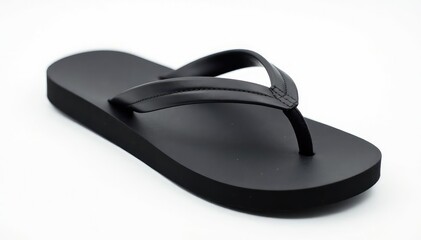Single black flip-flop on white background, close-up view, product, beach, close-up
