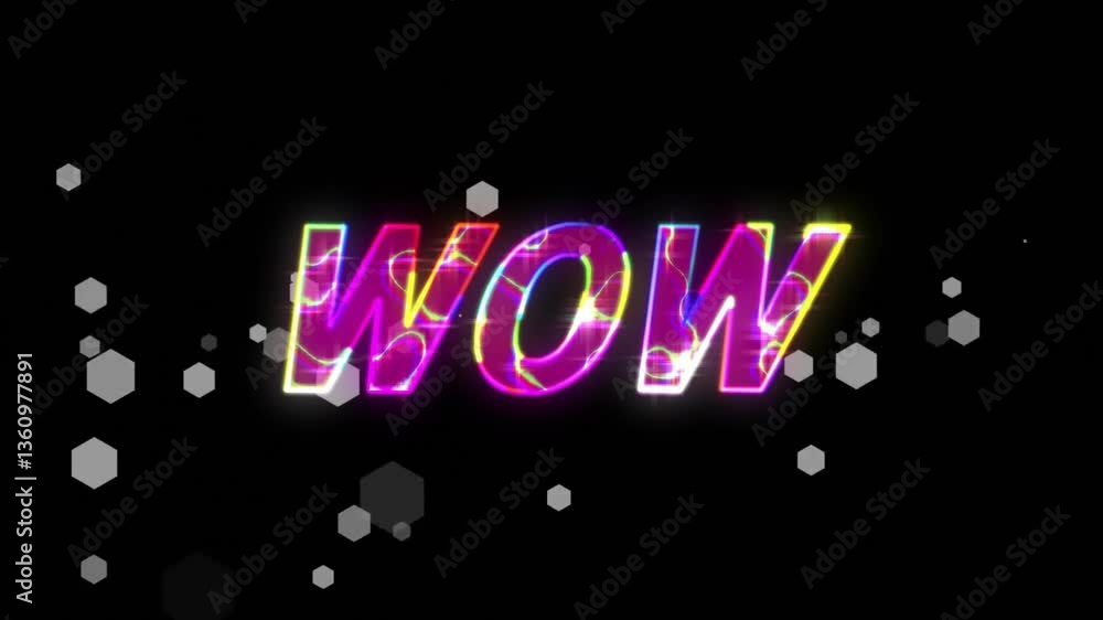 Poster glowing wow text with colorful animation over hexagonal shapes on black background
