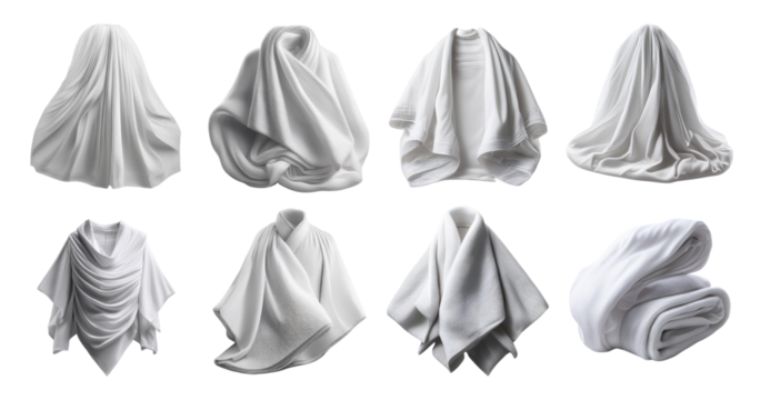 Collection of White Fabric Textures in Various Wrinkles and Shapes, PNG bundle collection, Isolated on Transparent Background