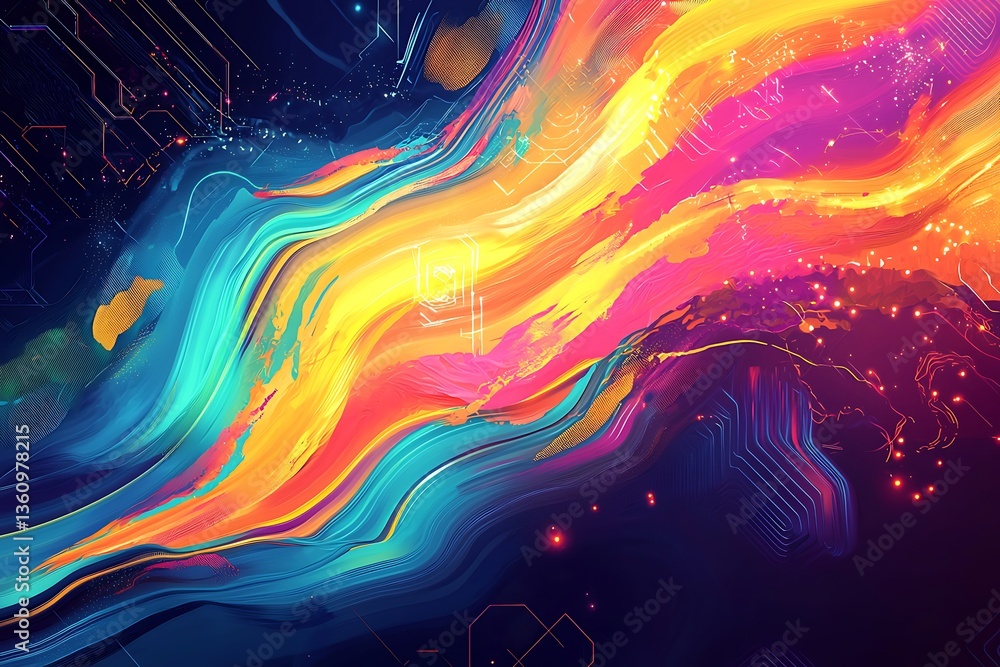 Poster abstract colorful flowing energy with circuitry background design concept