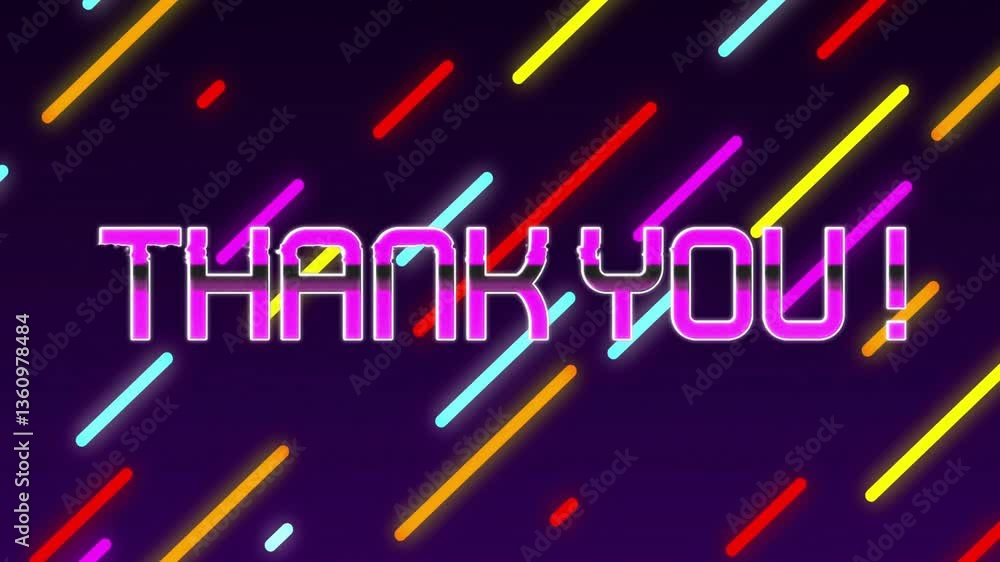 Poster animation of colorful diagonal lines with neon thank you! text on dark background