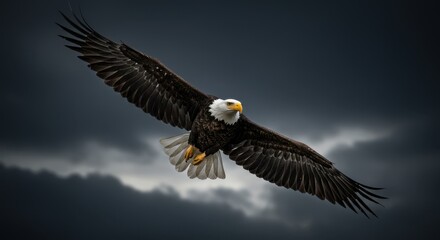 Obraz premium Eagle with Flag in Stormy Sky