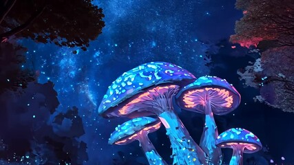 Vibrant luminescent mushrooms glowing under a starry night sky in a mystical forest setting - Powered by Adobe