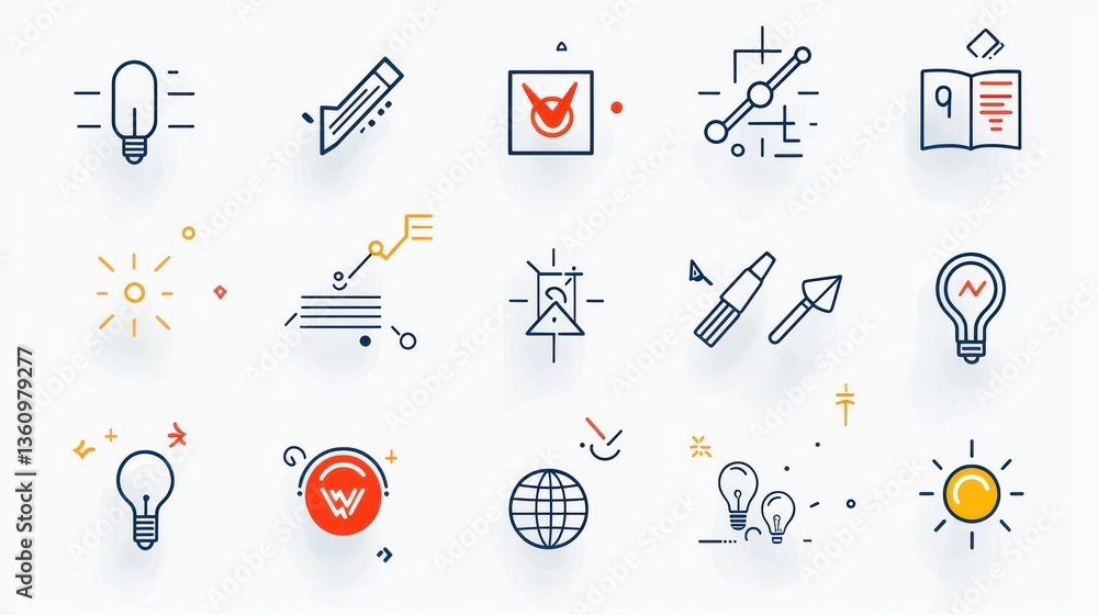 Poster a collection of icons symbolizing creativity design problem solving strategy and innovation in busin