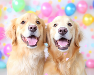 Two golden retrievers, happy expressions, party background, celebration image, possible use in pet supplies or cards