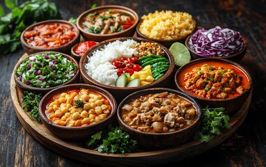 Diverse Asian Cuisine Dishes on Wooden Platter